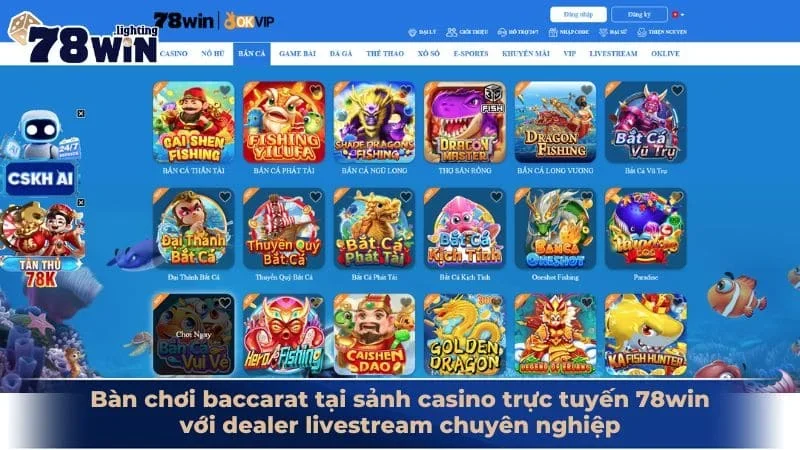 Bàn chơi baccarat tại sảnh casino trực tuyến 78win với dealer livestream chuyên nghiệp